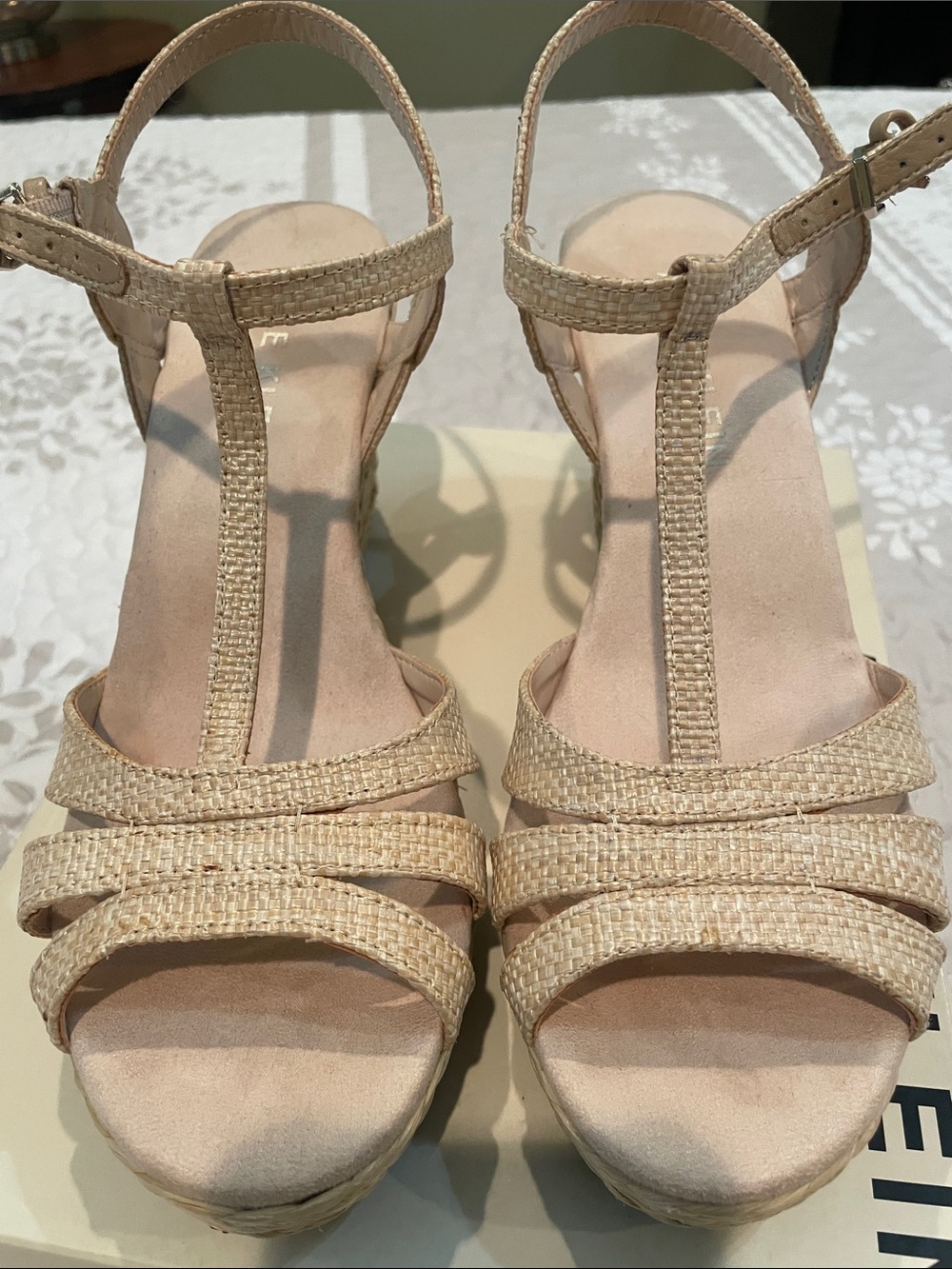 Anne Klein Natural Beige Braided Espadrille Wedge Sandals